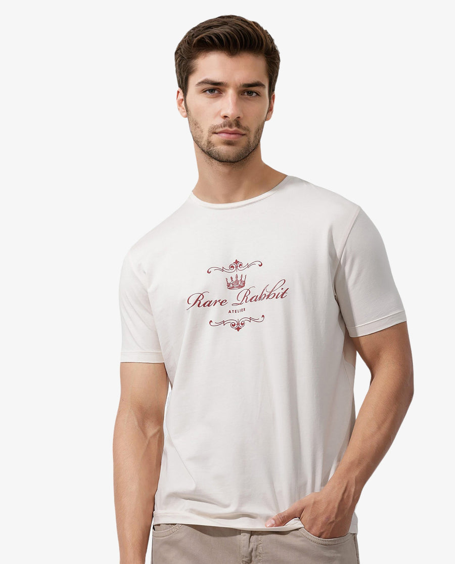 Rare Rabbit Men's Zeus Beige Cotton Blend Graphic Print Regular Fit Half Sleeve Crew Neck T-Shirt