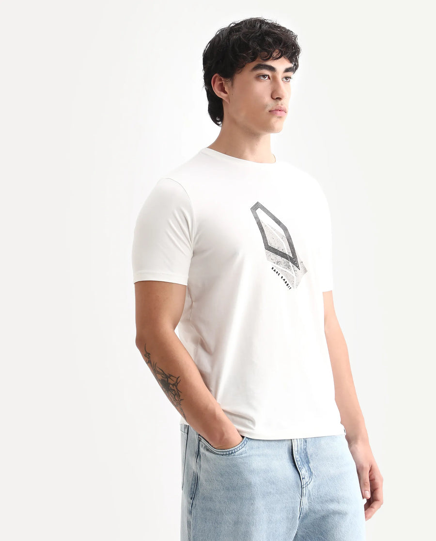 Rare Rabbit Men's Zima Off White Cotton Blend Graphic Print Regular Fit Half Sleeve Crew Neck T-Shirt