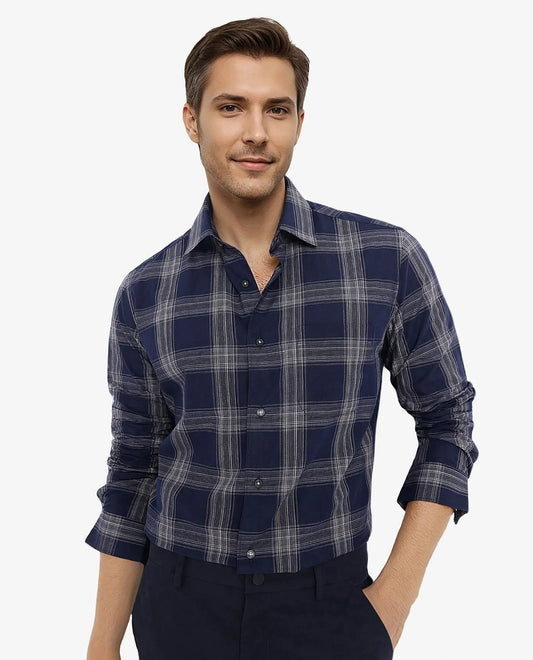 Rare Rabbit Men's Zinga Navy Cotton Checked Print Regular Fit Full Sleeve Collared Shirt