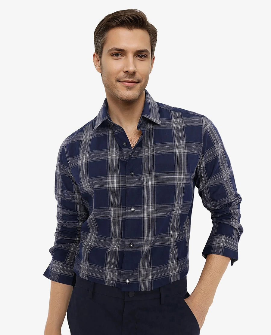 Rare Rabbit Men's Zinga Navy Cotton Checked Print Regular Fit Full Sleeve Collared Shirt