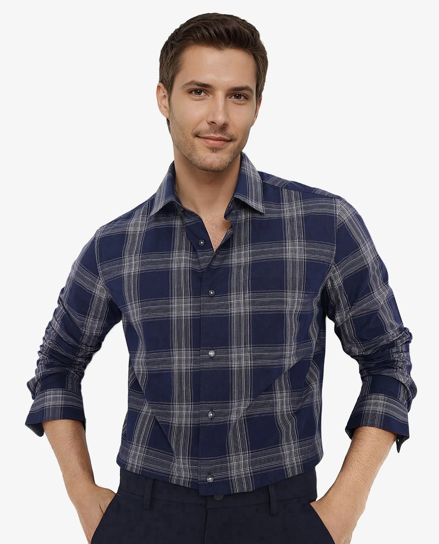 Rare Rabbit Men's Zinga Navy Cotton Checked Print Regular Fit Full Sleeve Collared Shirt