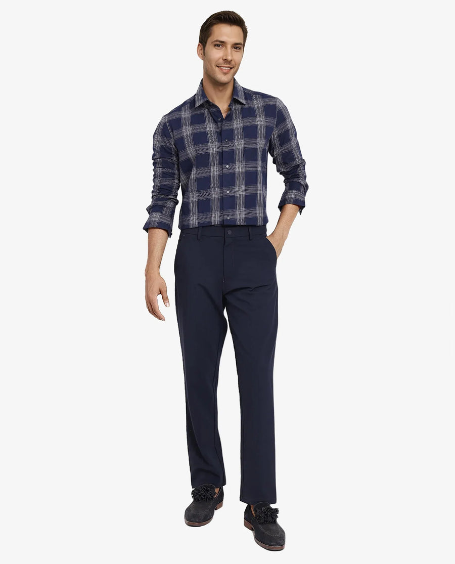 Rare Rabbit Men's Zinga Navy Cotton Checked Print Regular Fit Full Sleeve Collared Shirt