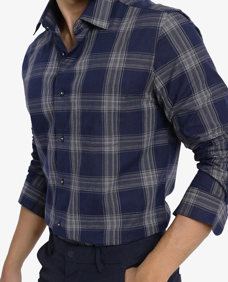 Rare Rabbit Men's Zinga Navy Cotton Checked Print Regular Fit Full Sleeve Collared Shirt