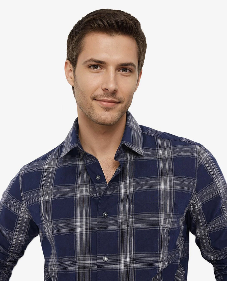 Rare Rabbit Men's Zinga Navy Cotton Checked Print Regular Fit Full Sleeve Collared Shirt