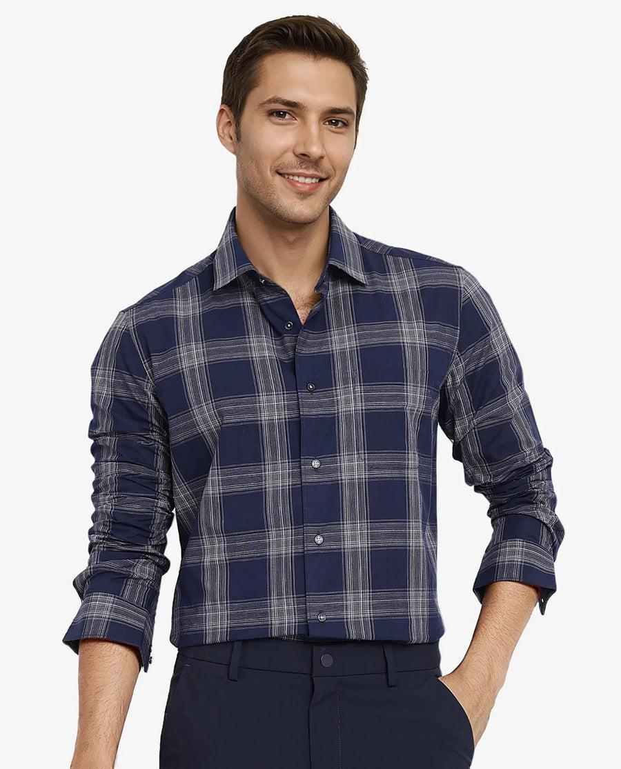 Rare Rabbit Men's Zinga Navy Cotton Checked Print Regular Fit Full Sleeve Collared Shirt