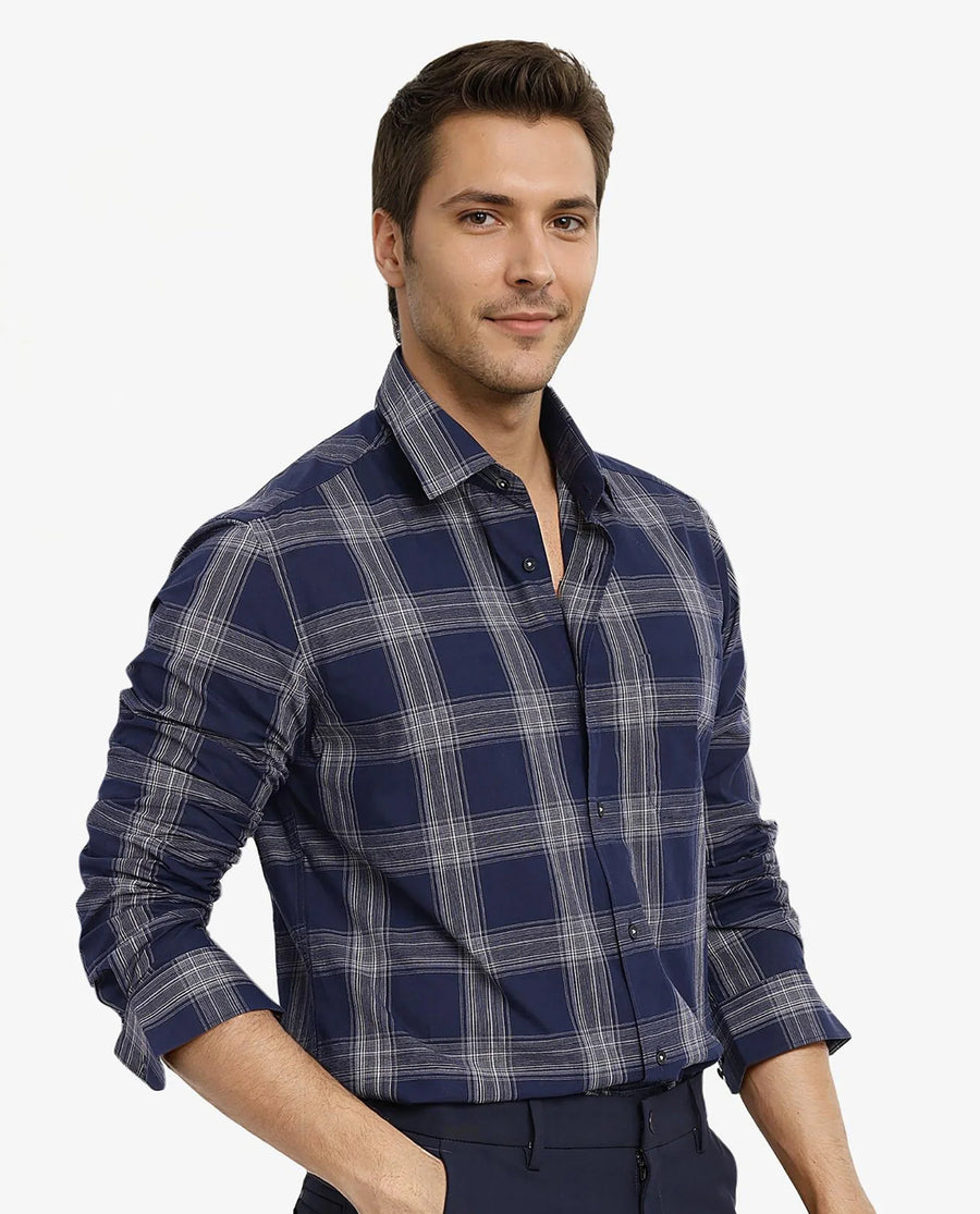 Rare Rabbit Men's Zinga Navy Cotton Checked Print Regular Fit Full Sleeve Collared Shirt