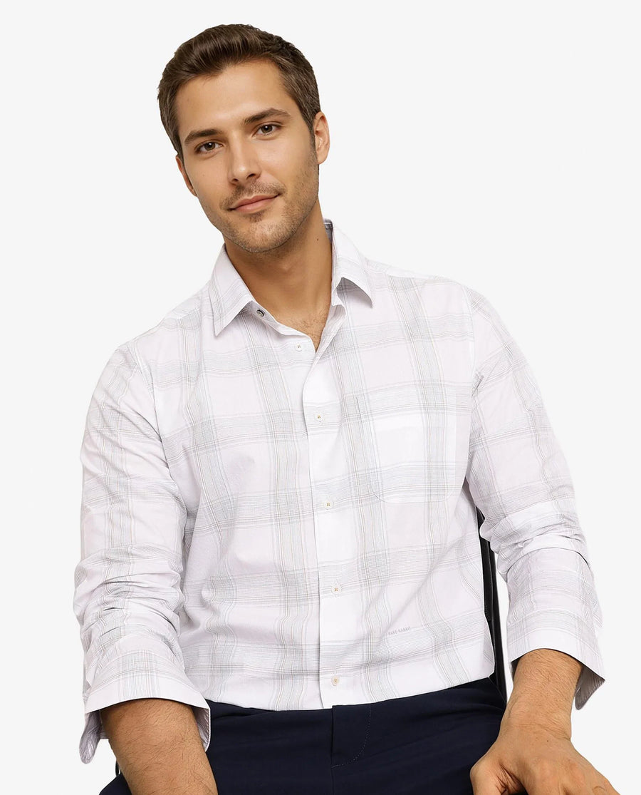 Rare Rabbit Men's Zinga White Cotton Checked Print Regular Fit Full Sleeve Collared Shirt