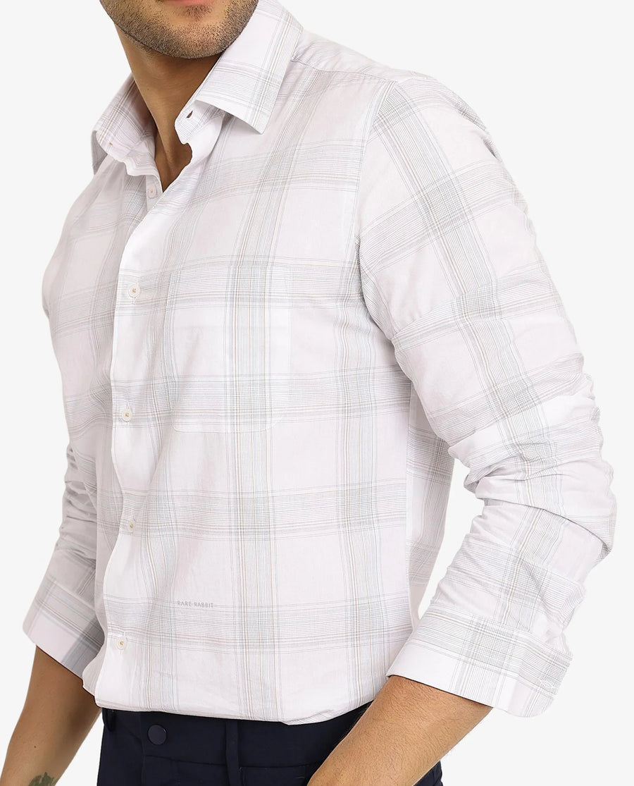 Rare Rabbit Men's Zinga White Cotton Checked Print Regular Fit Full Sleeve Collared Shirt