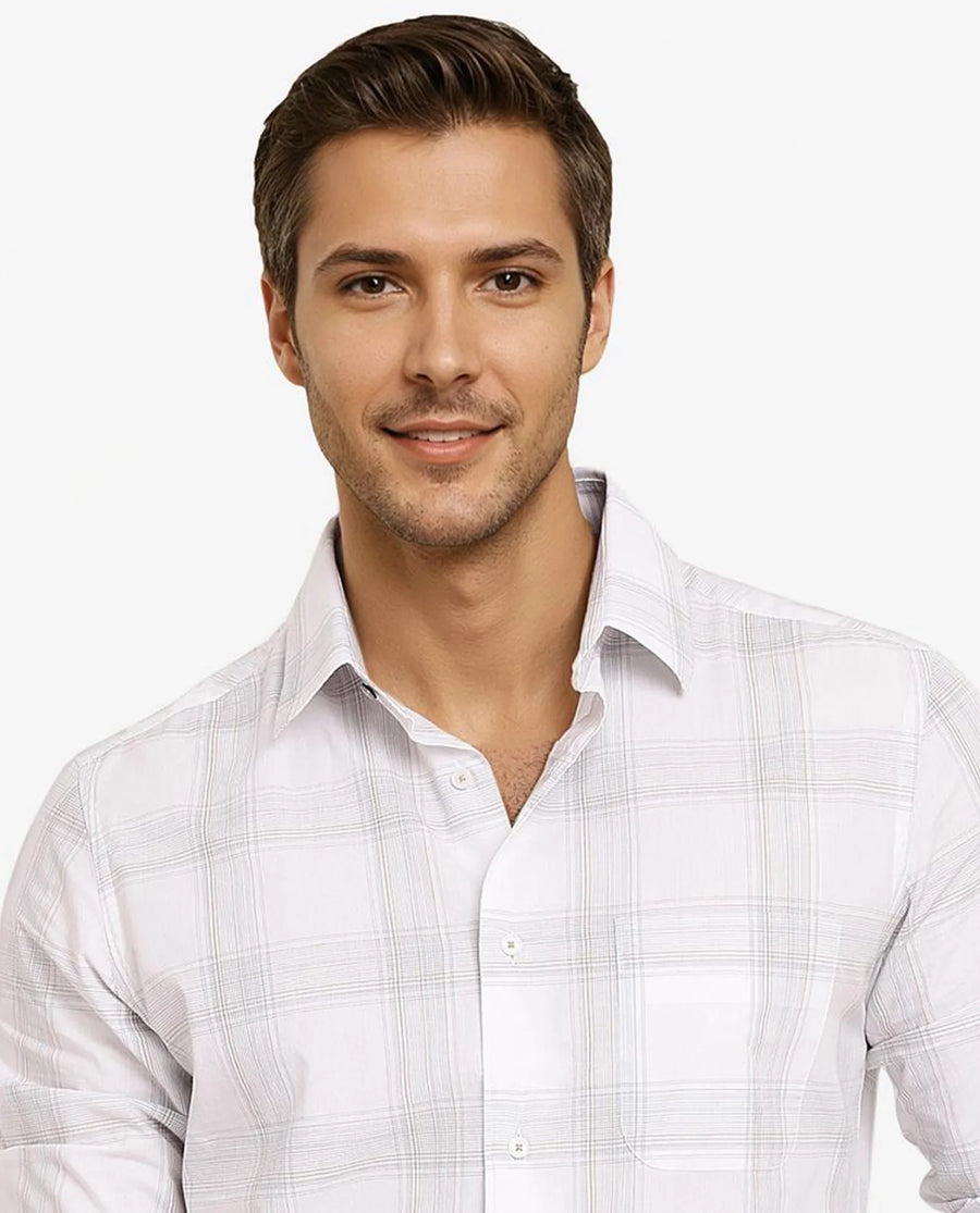 Rare Rabbit Men's Zinga White Cotton Checked Print Regular Fit Full Sleeve Collared Shirt