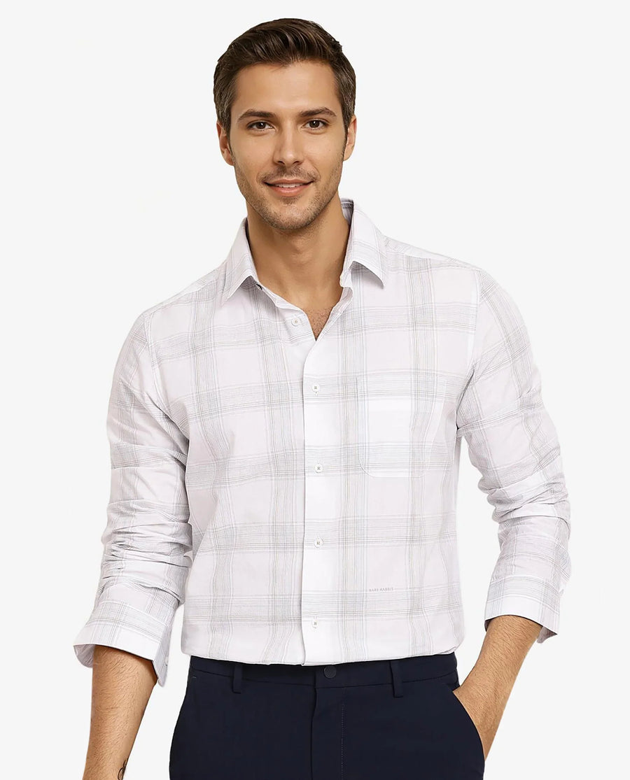 Rare Rabbit Men's Zinga White Cotton Checked Print Regular Fit Full Sleeve Collared Shirt