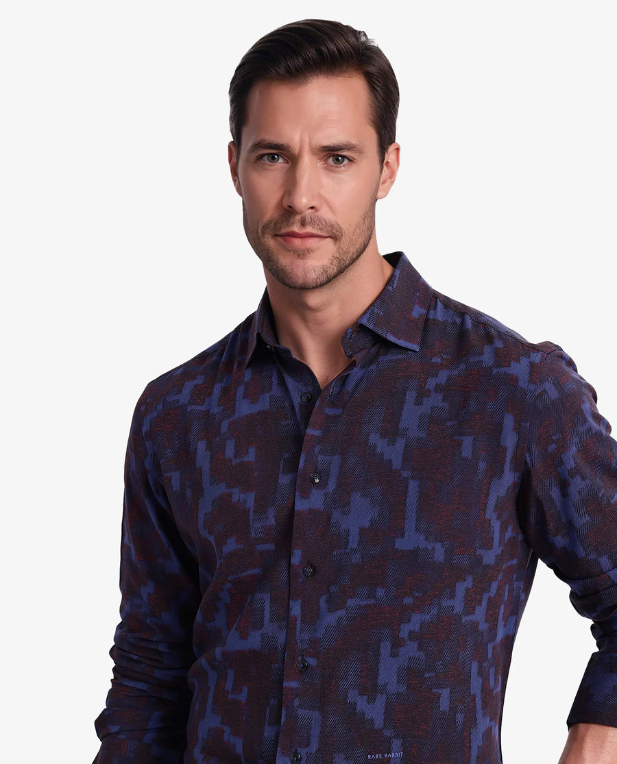 Rare Rabbit Men's Zlata Navy Cotton Abstract Print Regular Fit Full Sleeve Collared Shirt