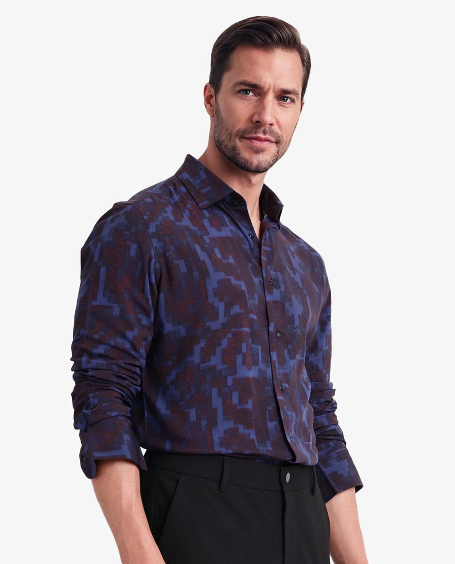 Rare Rabbit Men's Zlata Navy Cotton Abstract Print Regular Fit Full Sleeve Collared Shirt