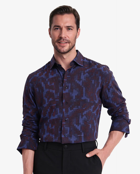 Rare Rabbit Men's Zlata Navy Cotton Abstract Print Regular Fit Full Sleeve Collared Shirt