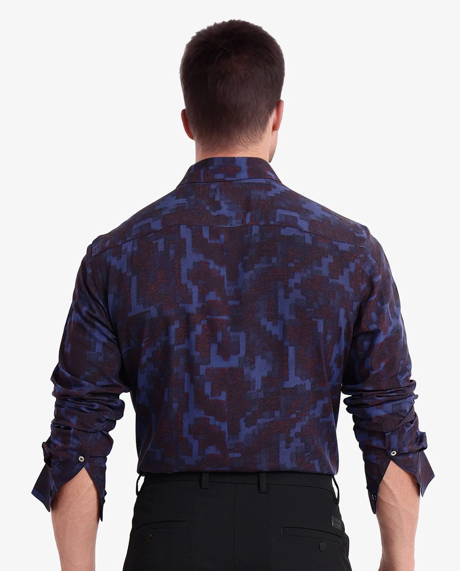 Rare Rabbit Men's Zlata Navy Cotton Abstract Print Regular Fit Full Sleeve Collared Shirt