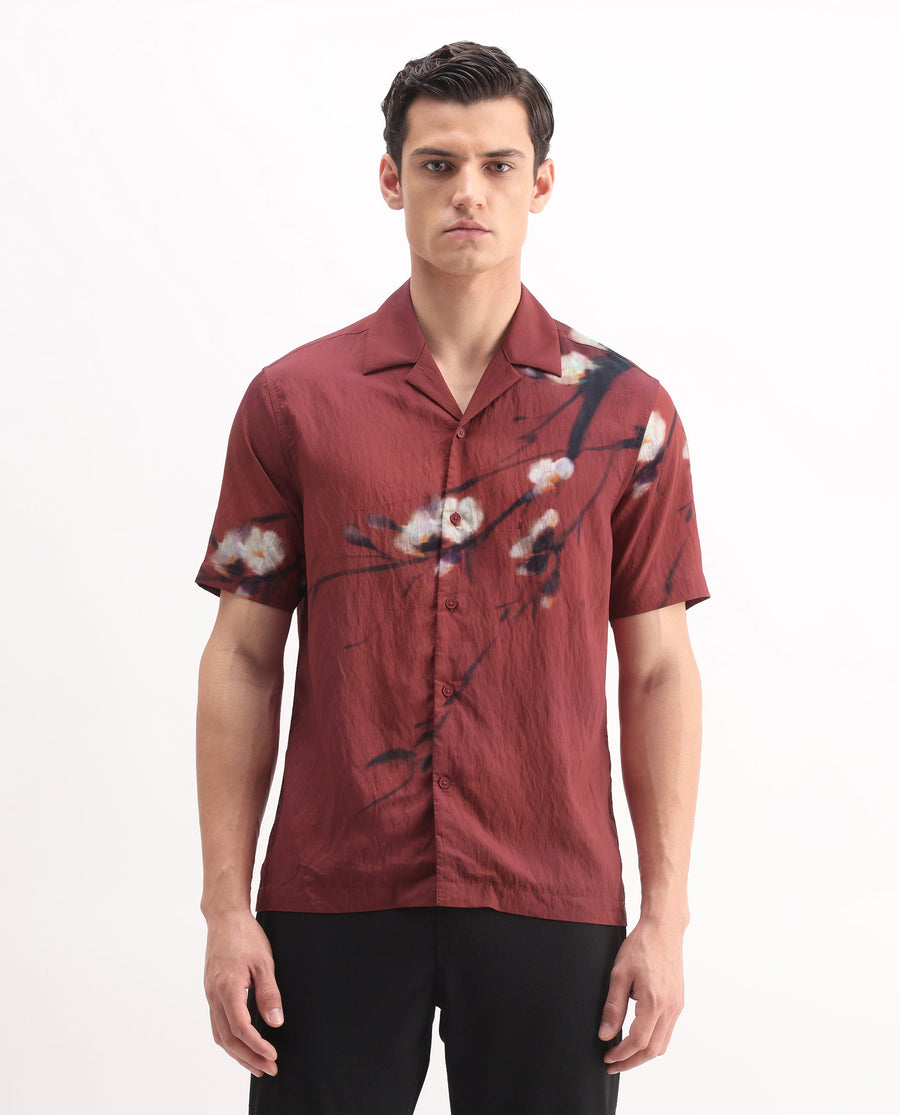 Rare Rabbit Men's Zovek Red Viscose Blend Floral Print Relaxed Fit Half Sleeve Cuban Collar Shirt