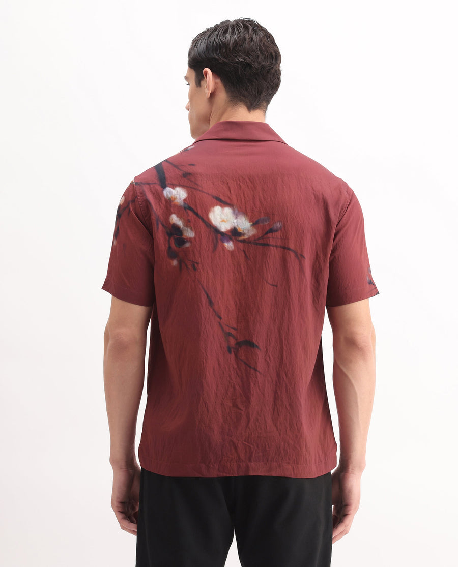 Rare Rabbit Men's Zovek Red Viscose Blend Floral Print Relaxed Fit Half Sleeve Cuban Collar Shirt