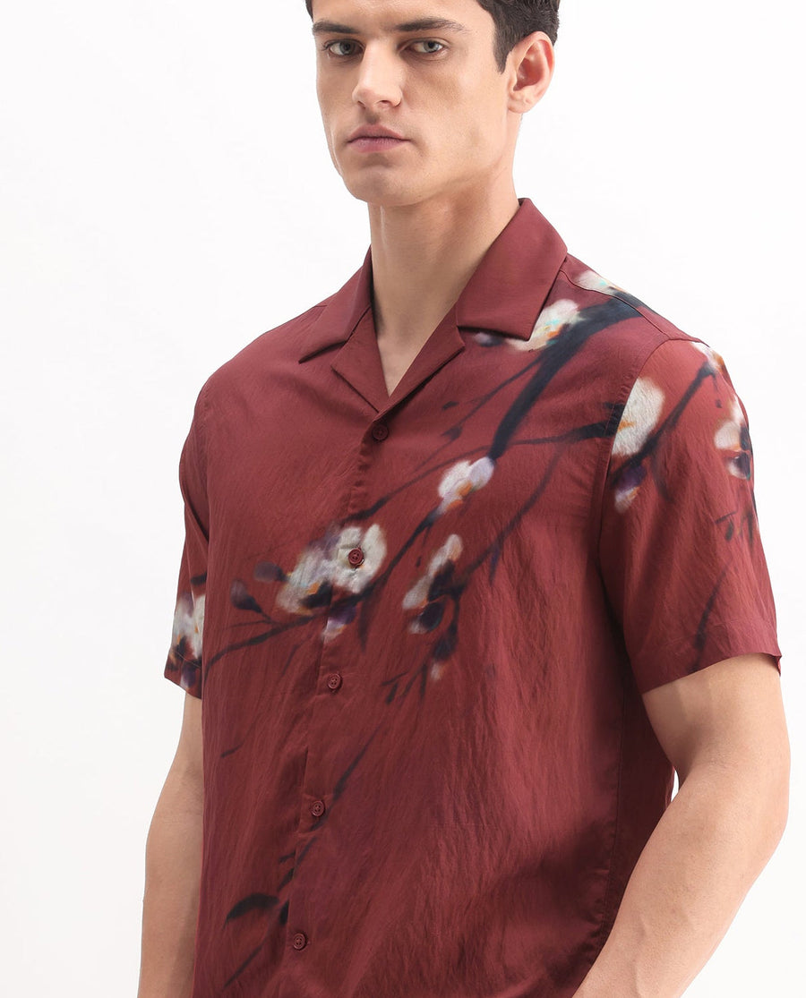 Rare Rabbit Men's Zovek Red Viscose Blend Floral Print Relaxed Fit Half Sleeve Cuban Collar Shirt