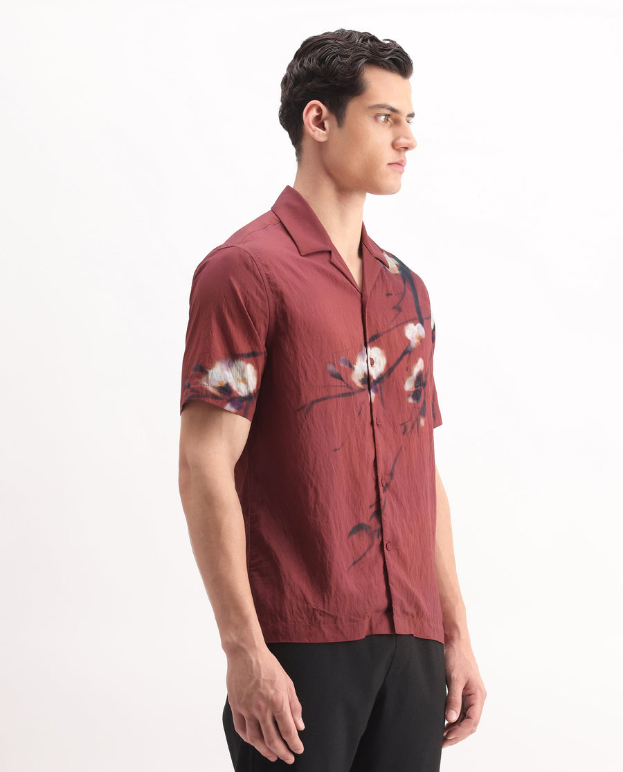 Rare Rabbit Men's Zovek Red Viscose Blend Floral Print Relaxed Fit Half Sleeve Cuban Collar Shirt