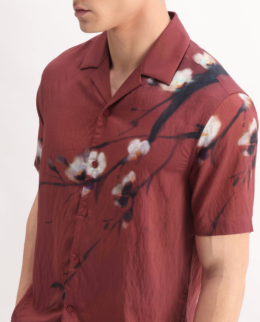 Rare Rabbit Men's Zovek Red Viscose Blend Floral Print Relaxed Fit Half Sleeve Cuban Collar Shirt