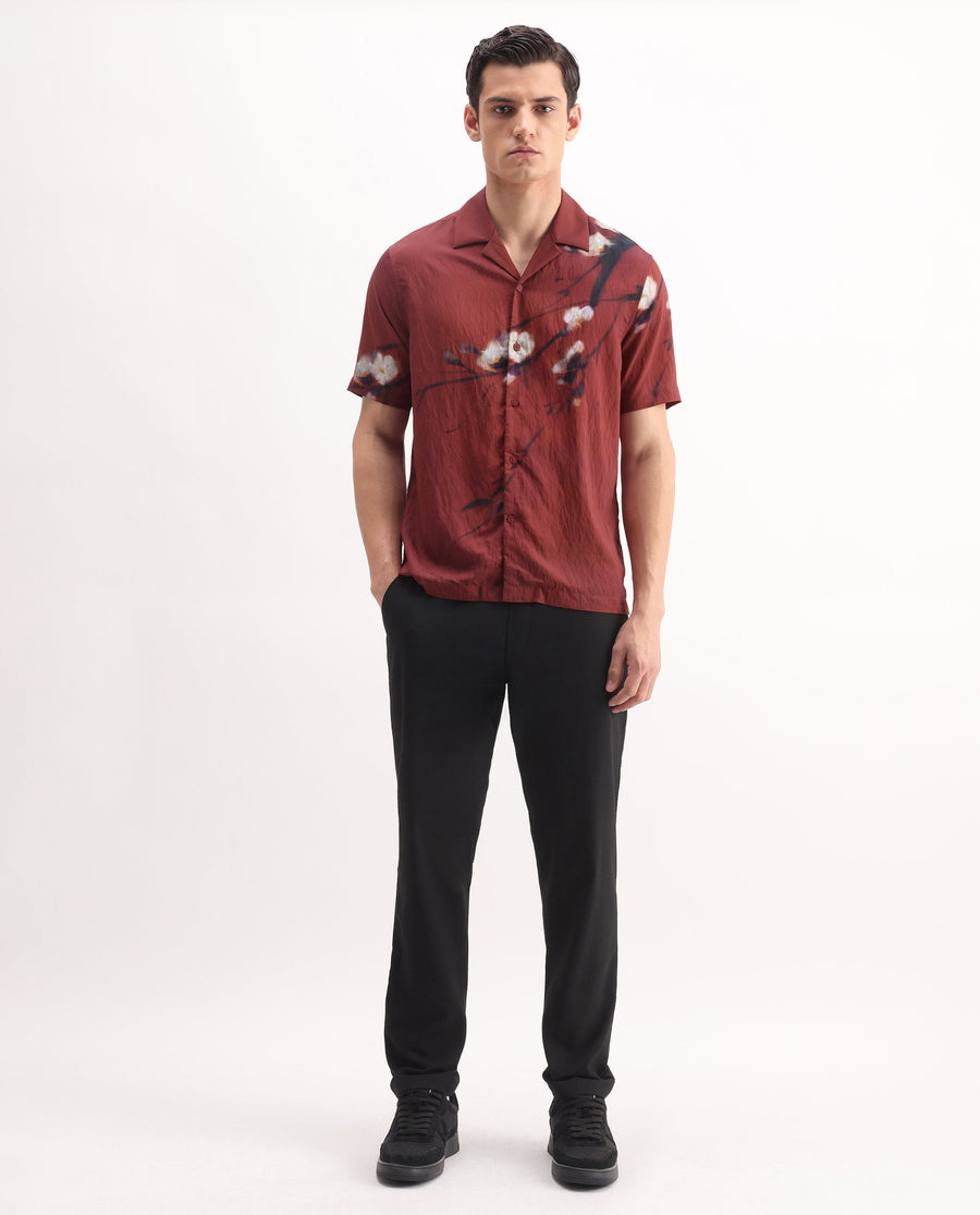 Rare Rabbit Men's Zovek Red Viscose Blend Floral Print Relaxed Fit Half Sleeve Cuban Collar Shirt
