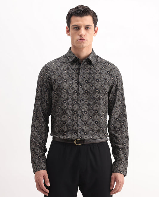 Rare Rabbit Men's Zynor Black Viscose Geometric Print Regular Fit Full Sleeve Collared Shirt