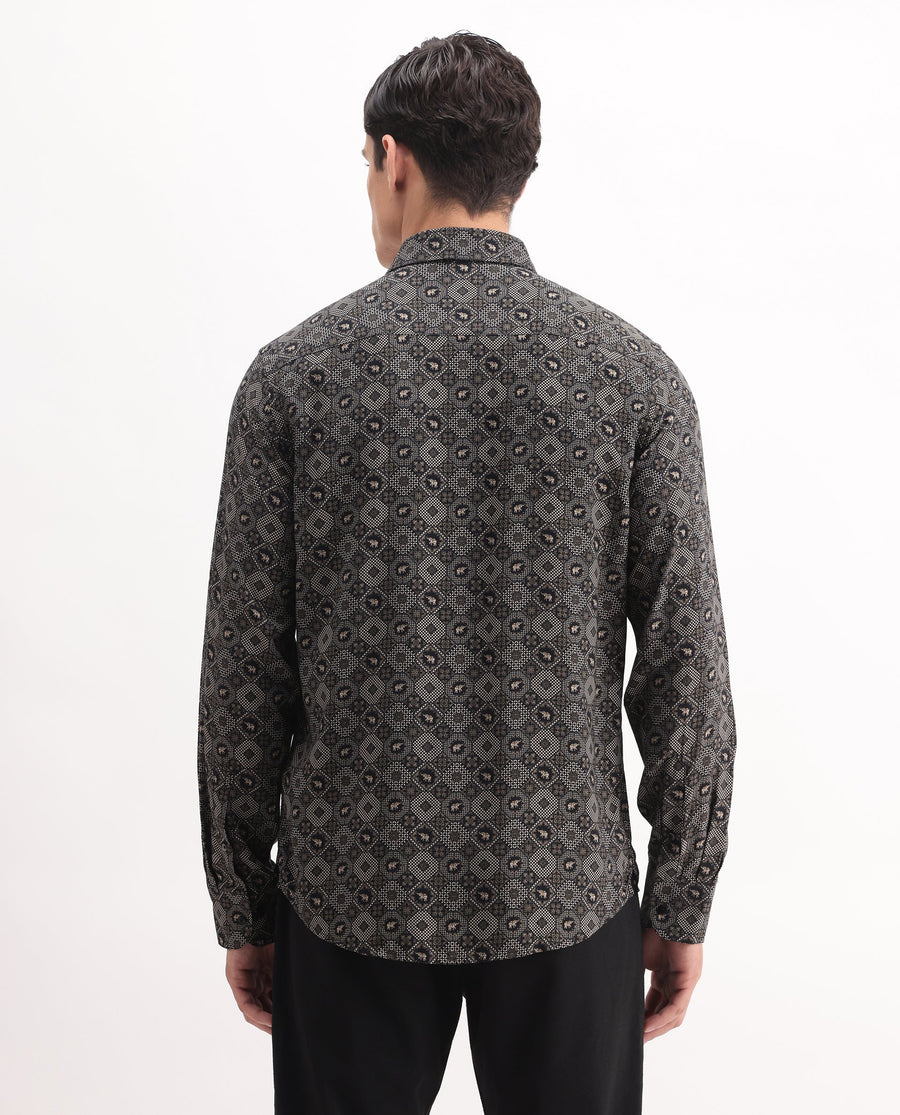 Rare Rabbit Men's Zynor Black Viscose Geometric Print Regular Fit Full Sleeve Collared Shirt