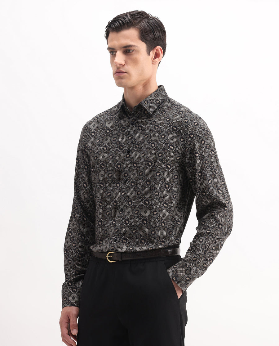 Rare Rabbit Men's Zynor Black Viscose Geometric Print Regular Fit Full Sleeve Collared Shirt