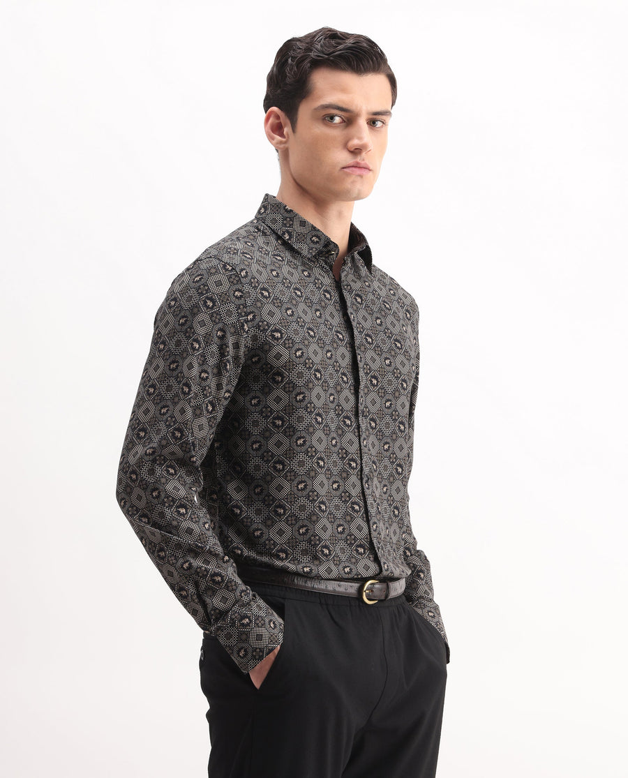 Rare Rabbit Men's Zynor Black Viscose Geometric Print Regular Fit Full Sleeve Collared Shirt