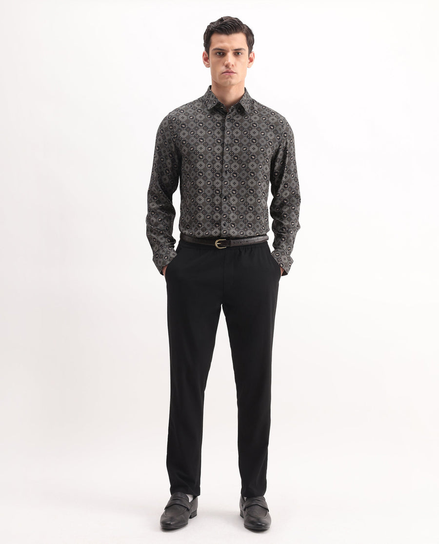 Rare Rabbit Men's Zynor Black Viscose Geometric Print Regular Fit Full Sleeve Collared Shirt