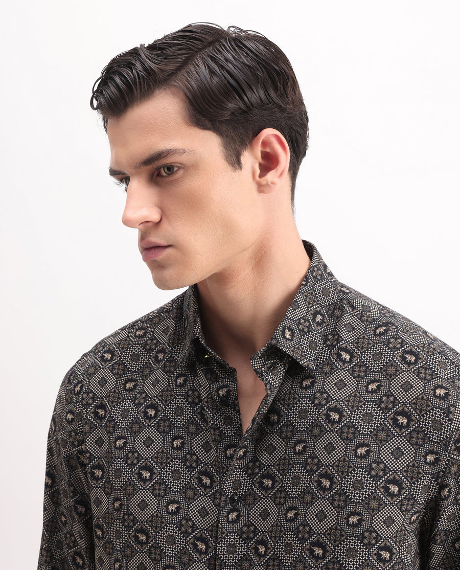 Rare Rabbit Men's Zynor Black Viscose Geometric Print Regular Fit Full Sleeve Collared Shirt