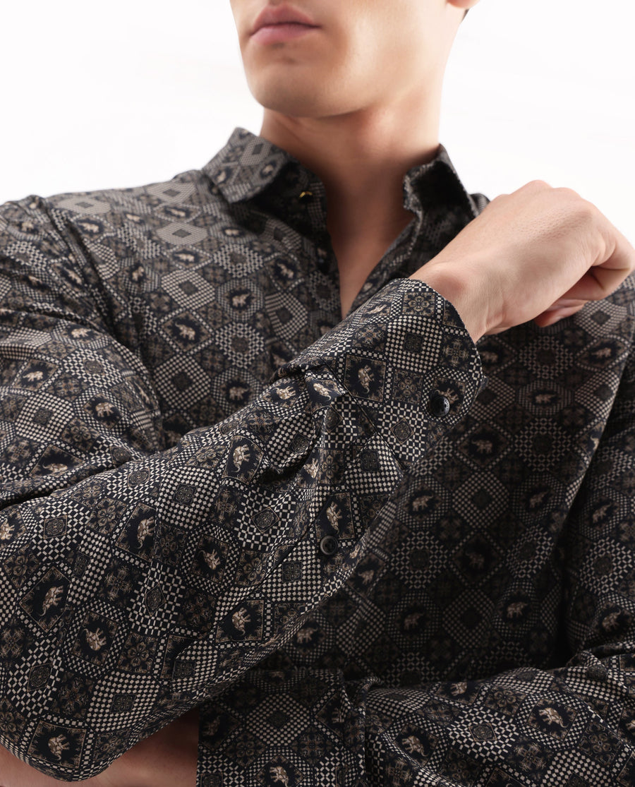 Rare Rabbit Men's Zynor Black Viscose Geometric Print Regular Fit Full Sleeve Collared Shirt