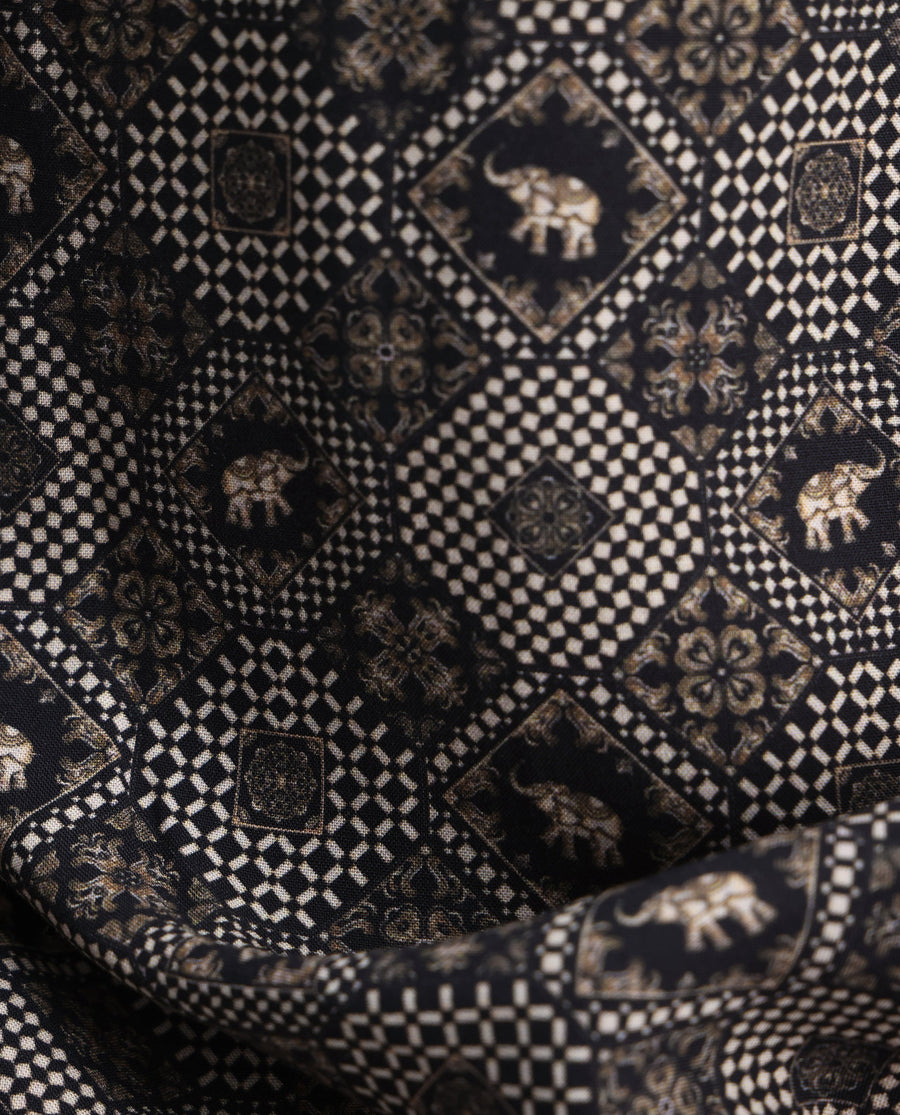 Rare Rabbit Men's Zynor Black Viscose Geometric Print Regular Fit Full Sleeve Collared Shirt